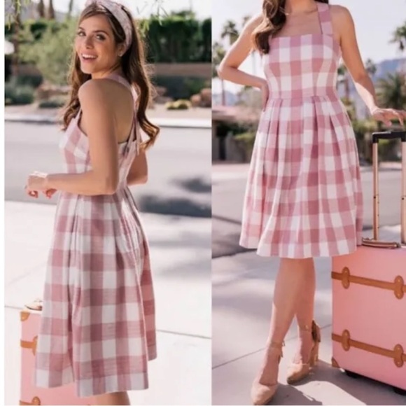 Gal Meets Glam Polly Pink White Gingham Linen Blend mini Dress 12 petite - Picture 1 of 13